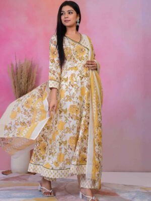 Cotton Printed Long Anarkali Kurti with Floral Print – Yellow
