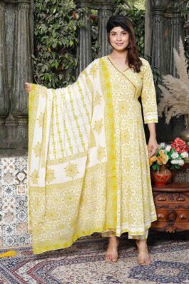 Cotton Printed Anarkali Kurti pant With 2.5 Meter dupatta - 1453VC1840058