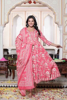 Cotton Printed Anarkali Kurti pant With 2.5 Meter dupatta - 1853VC1840050