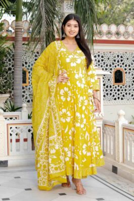 Cotton Printed Anarkali Kurti pant With 2.5 Meter dupatta - 1853VC1840054