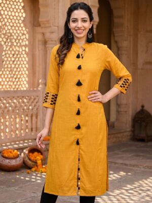 Vaachi Straight Embroidered Cotton Kurti Yellow