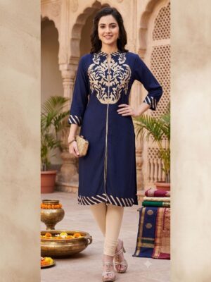 Vaachi Straight Embroidered Cotton Kurti Blue