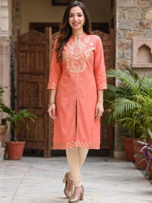 Vaachi Straight Embroidered Cotton Kurti Pink