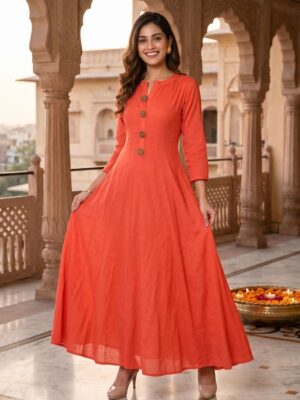 Vaachi Solid Long 36 kali Anarkali Cotton Kurti Pink