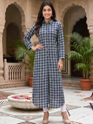 Vaachi Printed Straight Cotton Kurti Blue