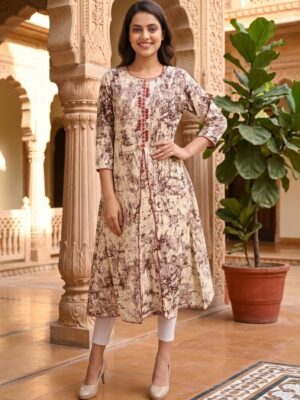 Vaachi A-line Printed Cotton Kurti Brown