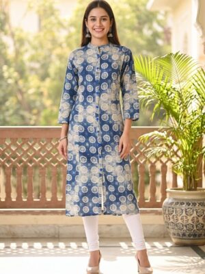 Vaachi Straight Printed Cotton Kurti Blue