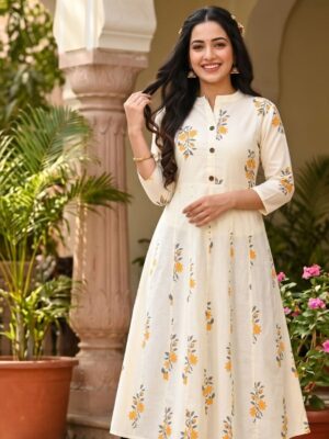 Vaachi Printed Long Anarkali Cotton Kurti Yellow