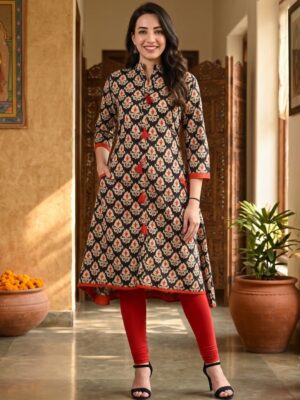 Vaachi A-line Cotton Printed Kurti Black