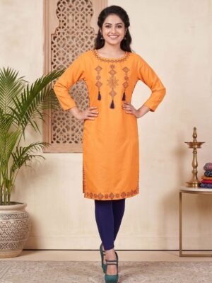 Vaachi Straight Embroidered Short Rayon Kurti Orange