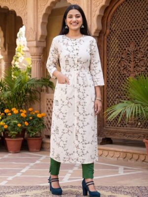 Vaachi Printed Long Anarkali Cotton Kurti White
