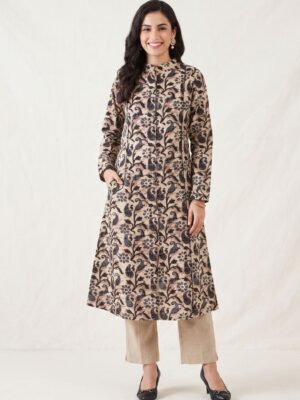 Vaachi Straight Printed Cotton Kurti Brown