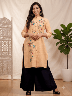 Vaachi Straight Yarn dyed Embroidered Cotton Kurti Orange