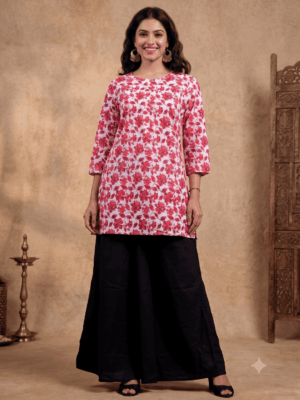 Vaachi Straight Short Kurti white pink
