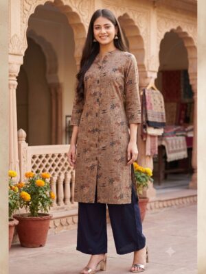 Vaachi Straight Printed Cotton Kurti Brown