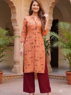 Orange Geometric Printed Silk-Blend Rayon Straight Kurti