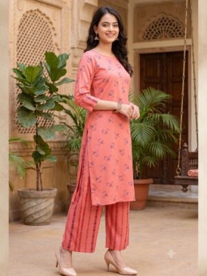 Pink printed kurti plazzo set in rayon fabric