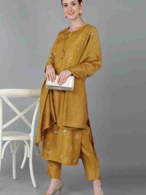 Sequin Embroidered Kurti Pant Dupatta Set in Polysilk – Yellow (Party Wear)