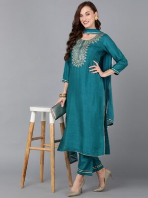 Raw silk Kurti Pant Dupatta Set with embriodery set – VC14253941500
