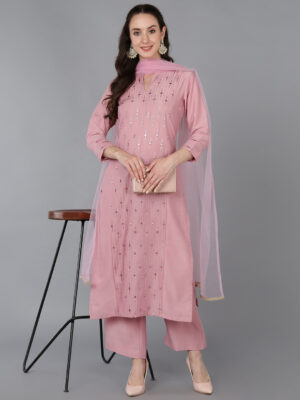 Raw silk Kurti Pant Dupatta Set with embriodery work -VC14254211500