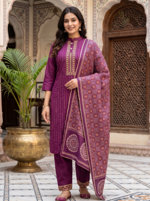 chanderi printed Kurti Pant Dupatta Set with sequence work – VC14262461500