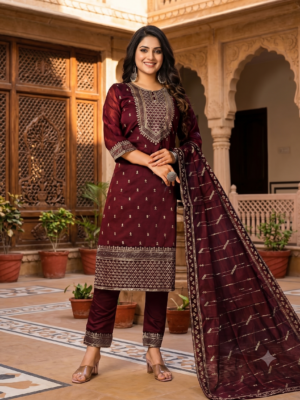 Chanderi printed fancy Kurti Pant Dupatta Set with sequence work -VC14262471600